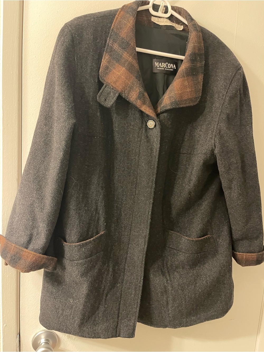 Women's Charcoal Wool Coat with Brown Plaid Trim